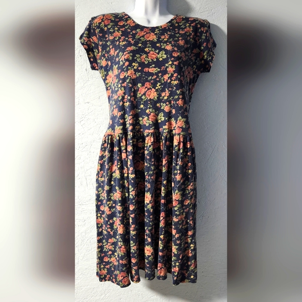 Vintage 1980s Alison J. Navy Floral Knit Dress - Women's M/L Petite